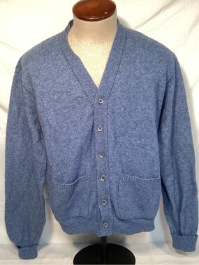 Lord Jeff Vintage Men's Wool Blend Blue V-Neck Button Cardigan Size XL